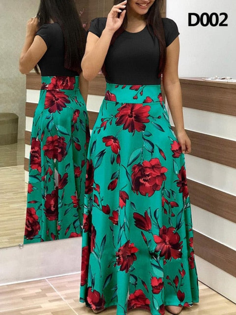 Plus Size Summer Print Stitching Flower Long Banquet Dress for Women - gallery