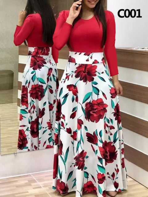 Plus Size Summer Print Stitching Flower Long Banquet Dress for Women - gallery