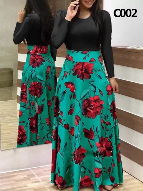 Plus Size Summer Print Stitching Flower Long Banquet Dress for Women - gallery
