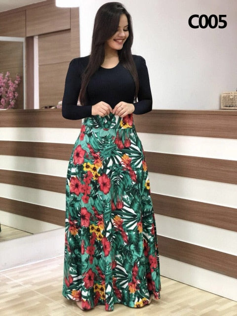 Plus Size Summer Print Stitching Flower Long Banquet Dress for Women - gallery