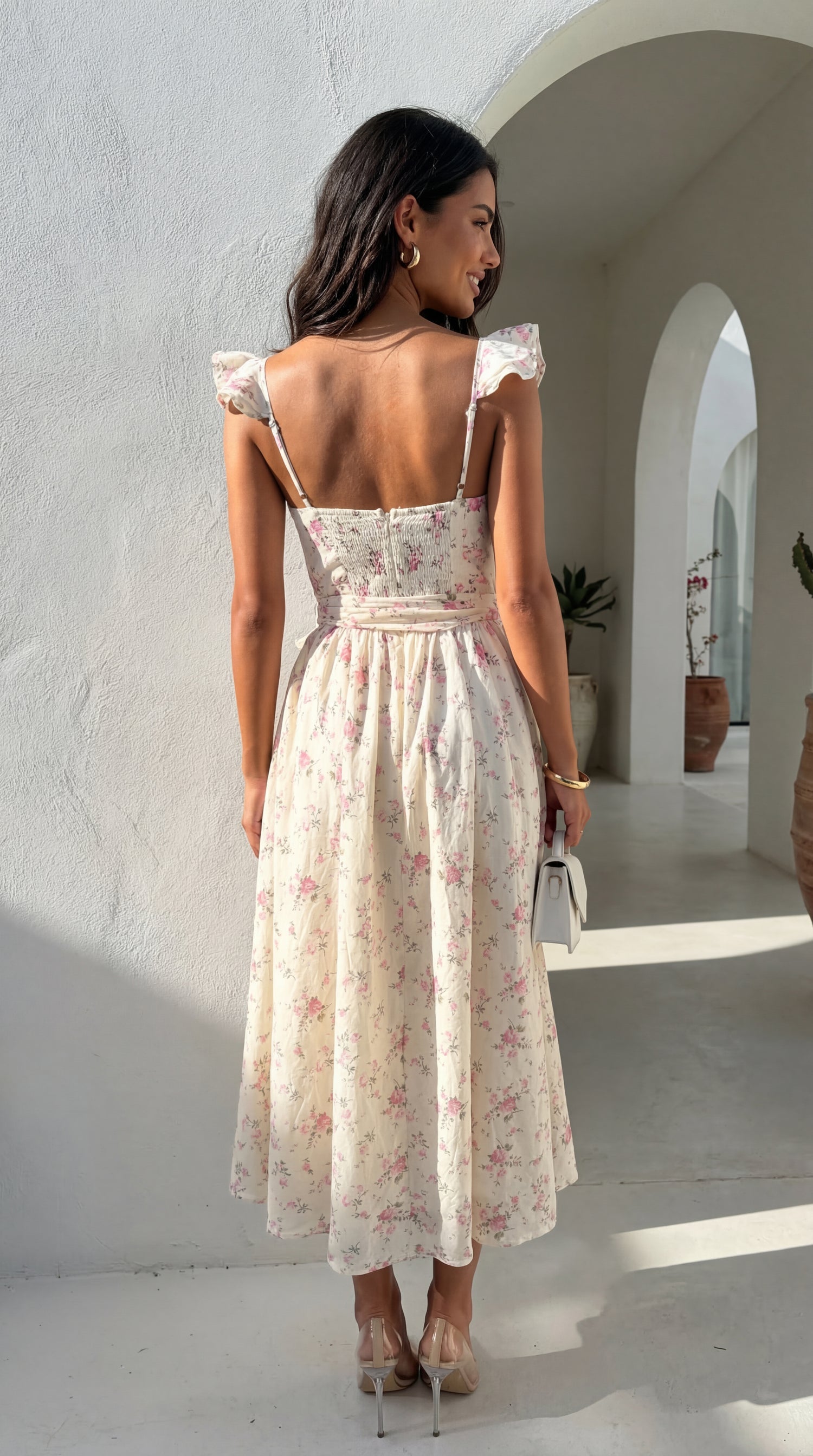Florienne Floral Corset Flutter Midi Dress - Ivory — gallery