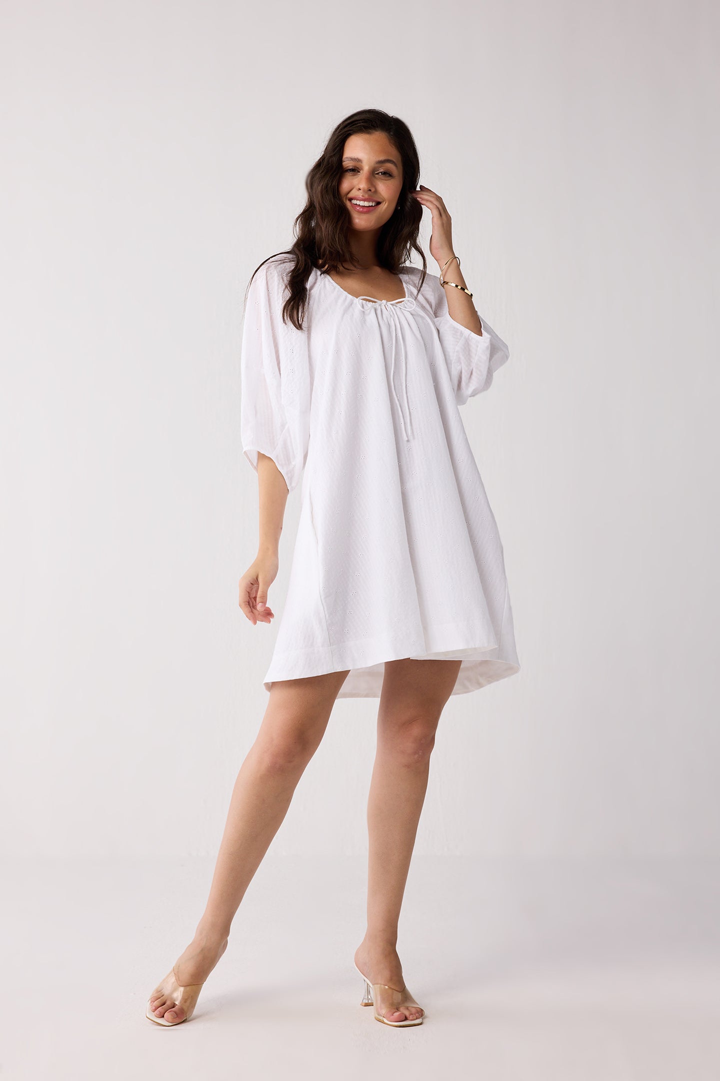 Puff Sleeved Dress with Drawstring Neckline for Women