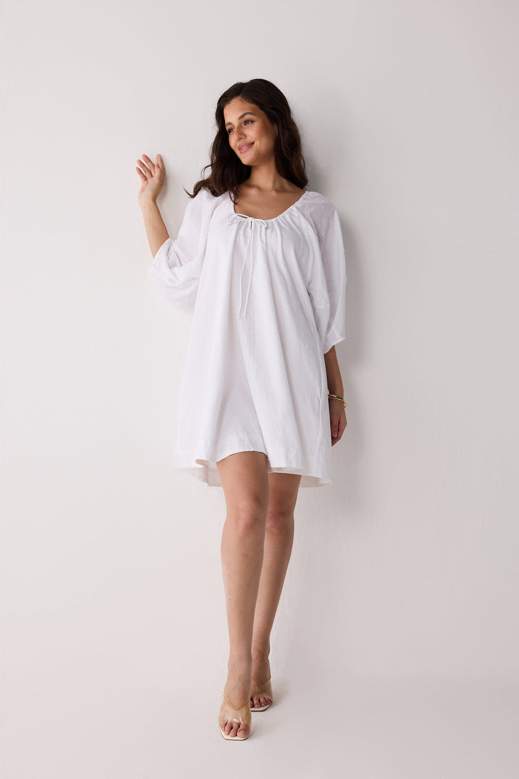 Puff Sleeved Dress with Drawstring Neckline for Women - gallery