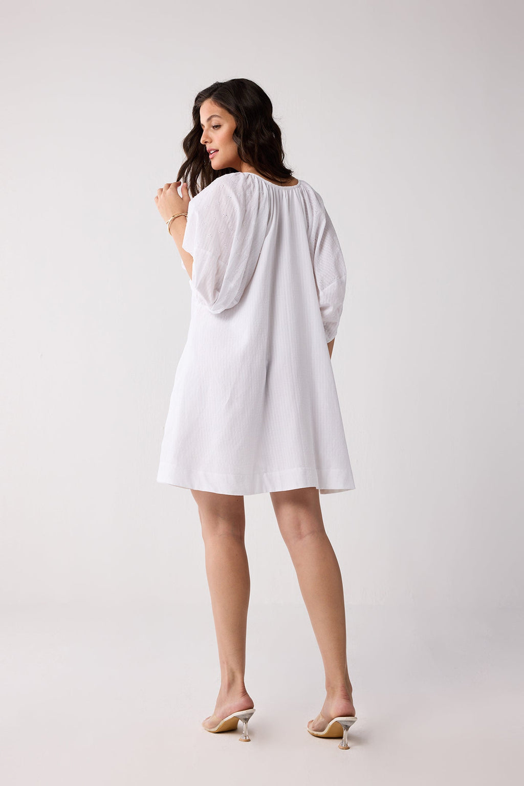 Puff Sleeved Dress with Drawstring Neckline for Women - gallery