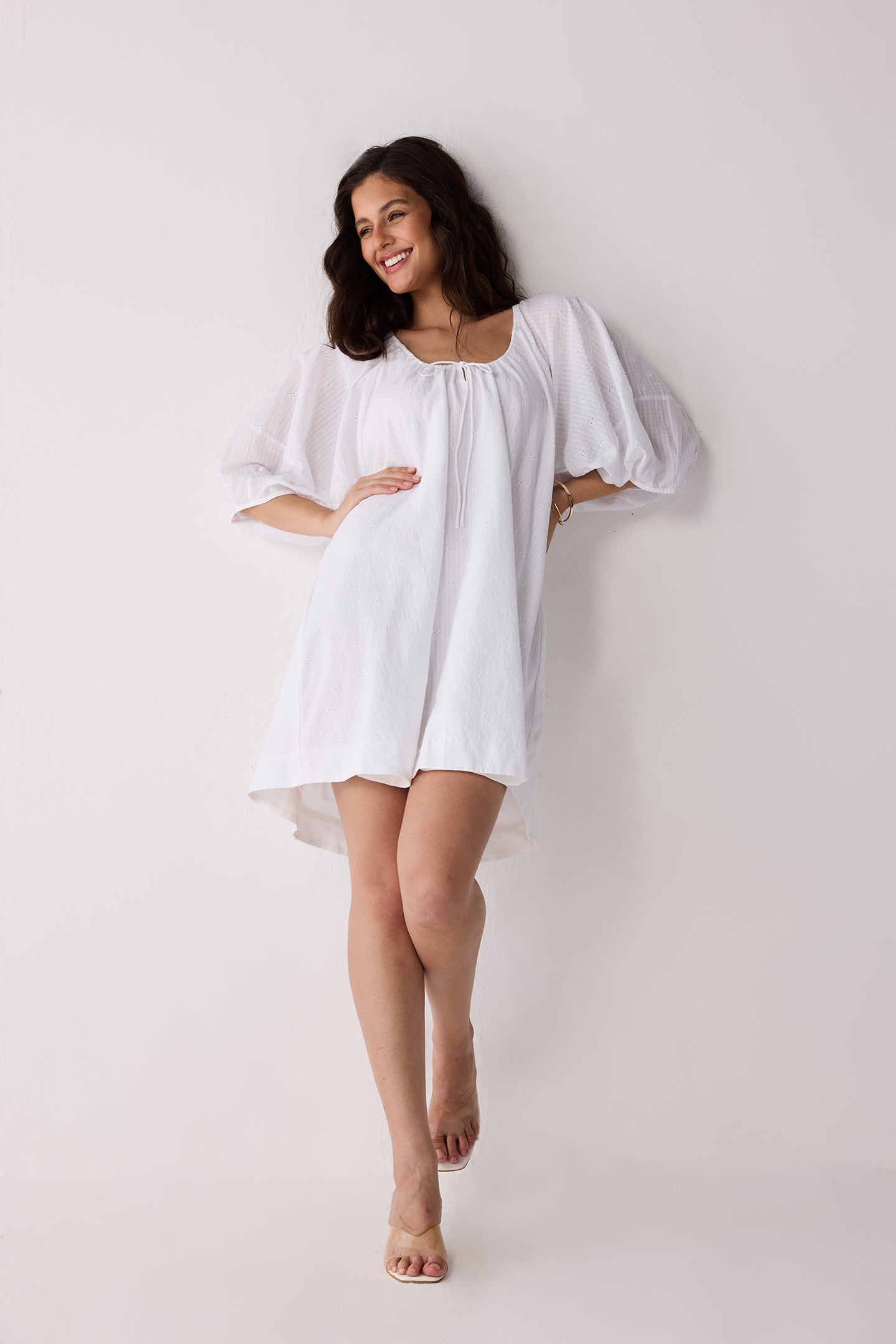 Puff Sleeved Dress with Drawstring Neckline for Women - gallery