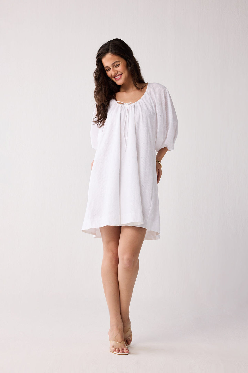 Puff Sleeved Dress with Drawstring Neckline for Women - gallery