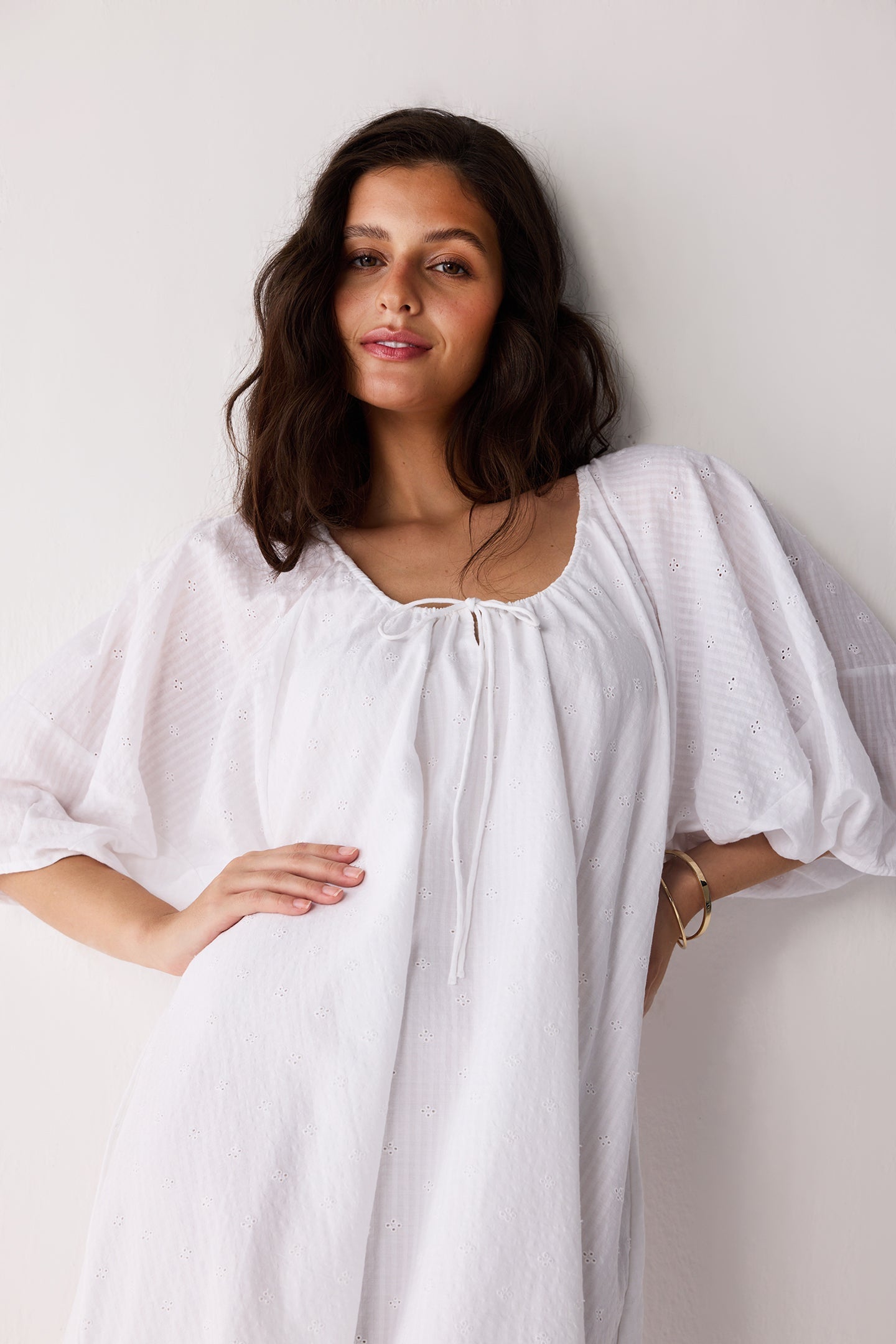 Puff Sleeved Dress with Drawstring Neckline for Women - gallery