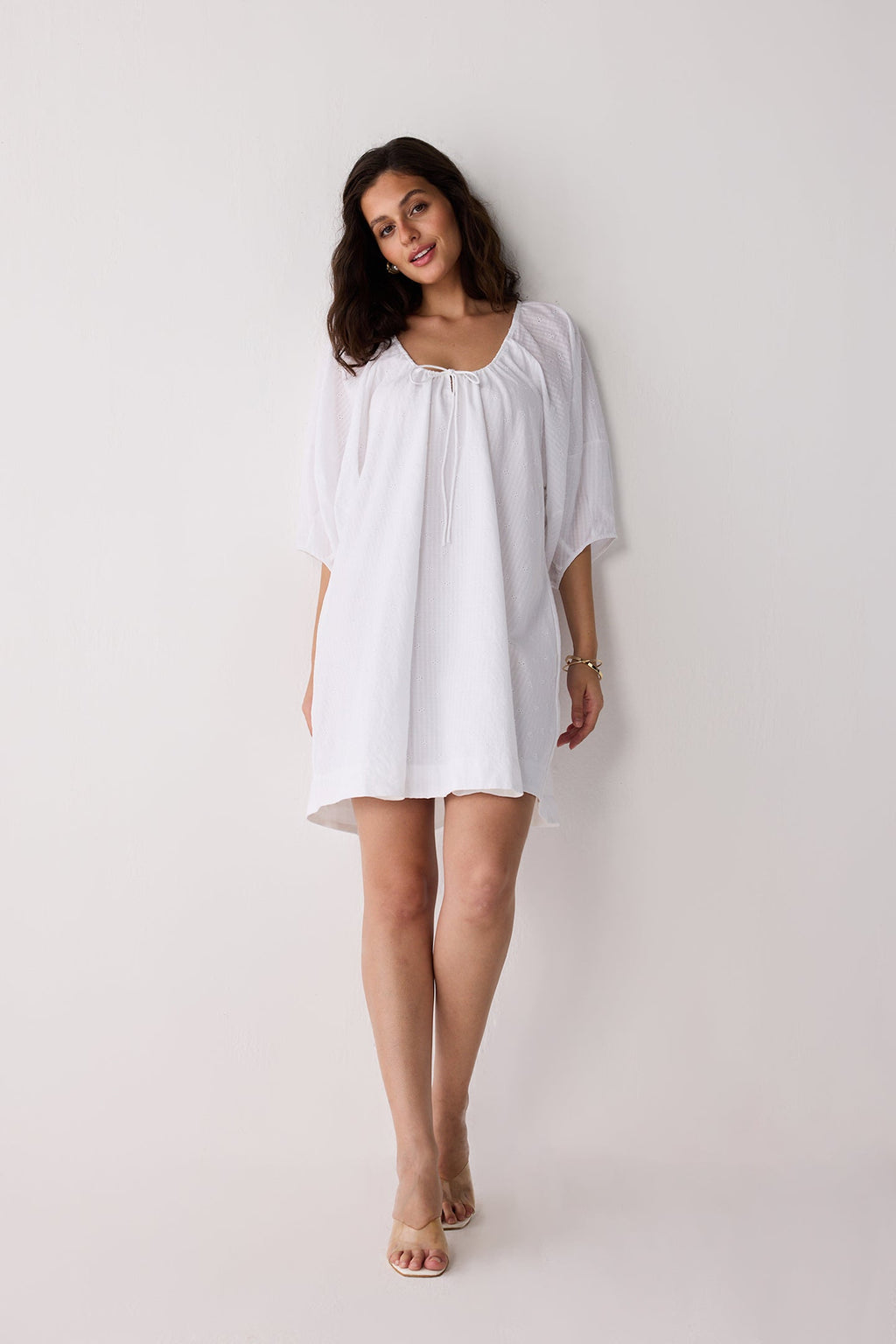 Puff Sleeved Dress with Drawstring Neckline for Women - gallery