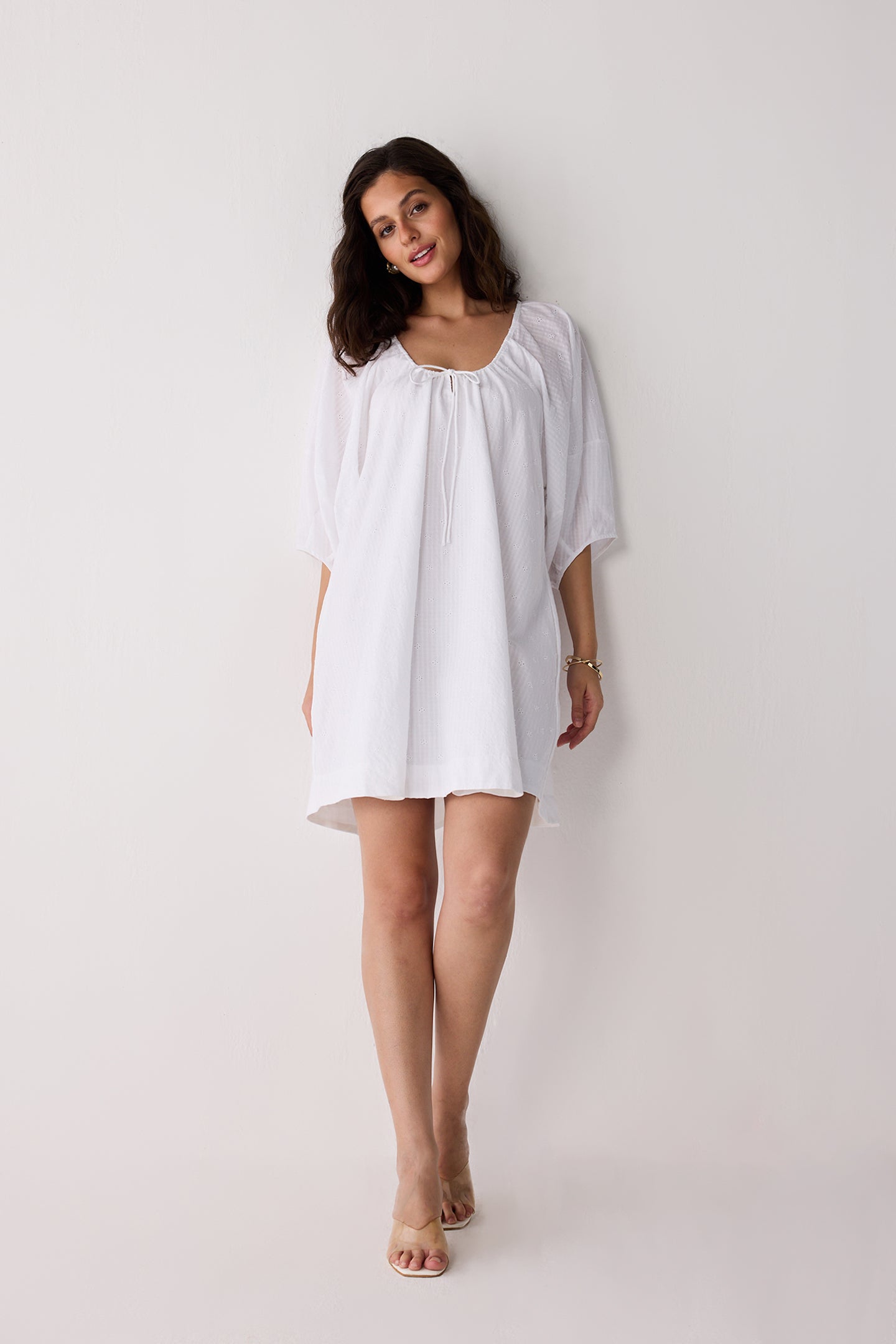 Puff Sleeved Dress with Drawstring Neckline for Women - gallery