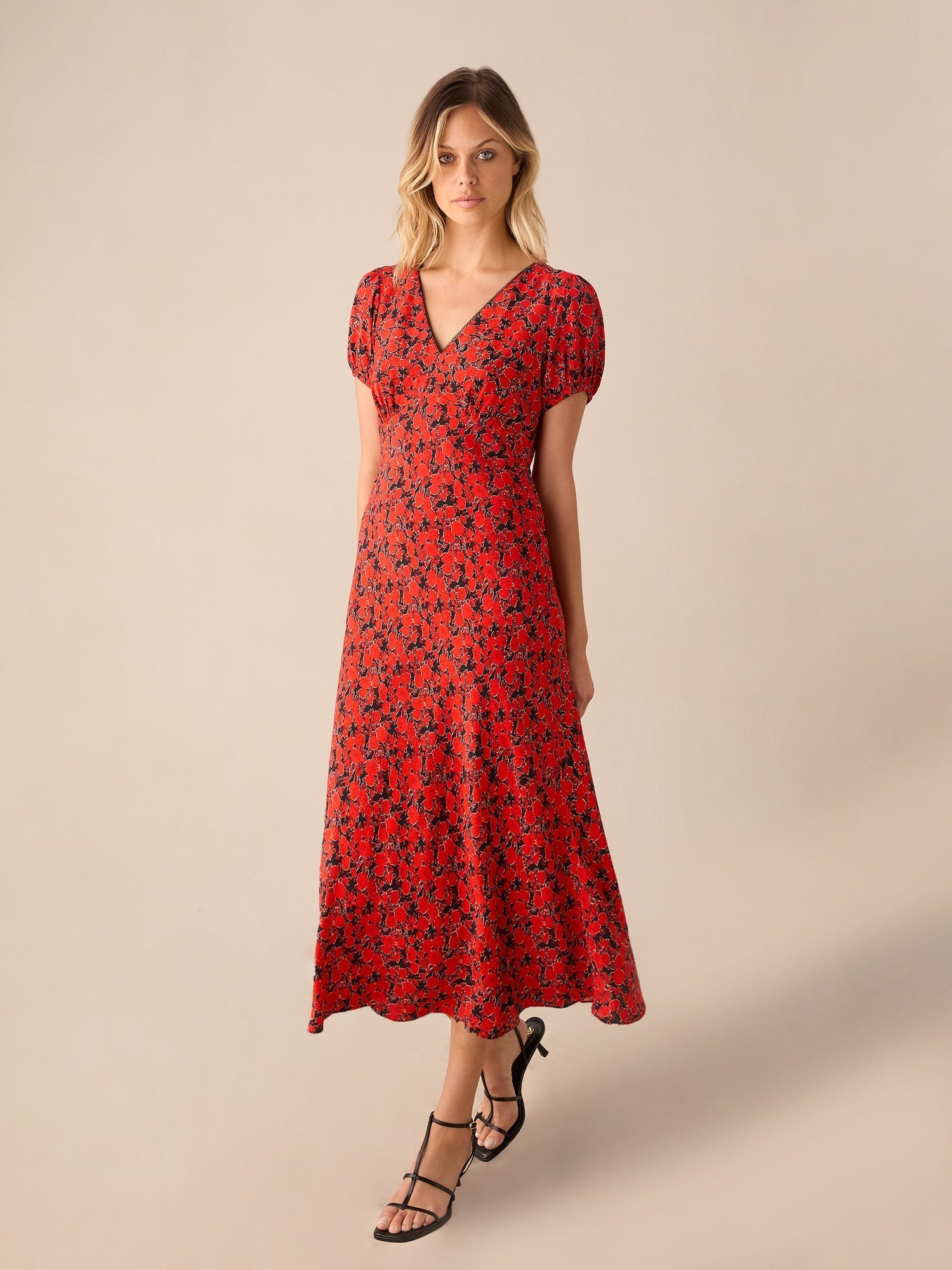 Red Blurred Floral Print Puff Sleeve Midi Dress — gallery