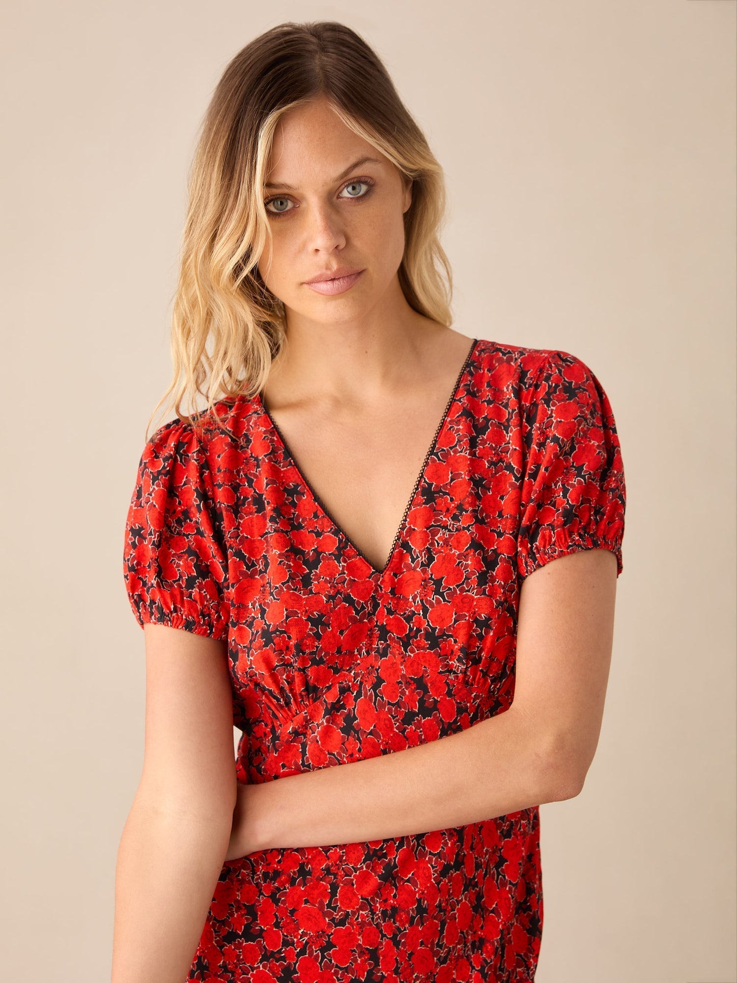 Red Blurred Floral Print Puff Sleeve Midi Dress — gallery