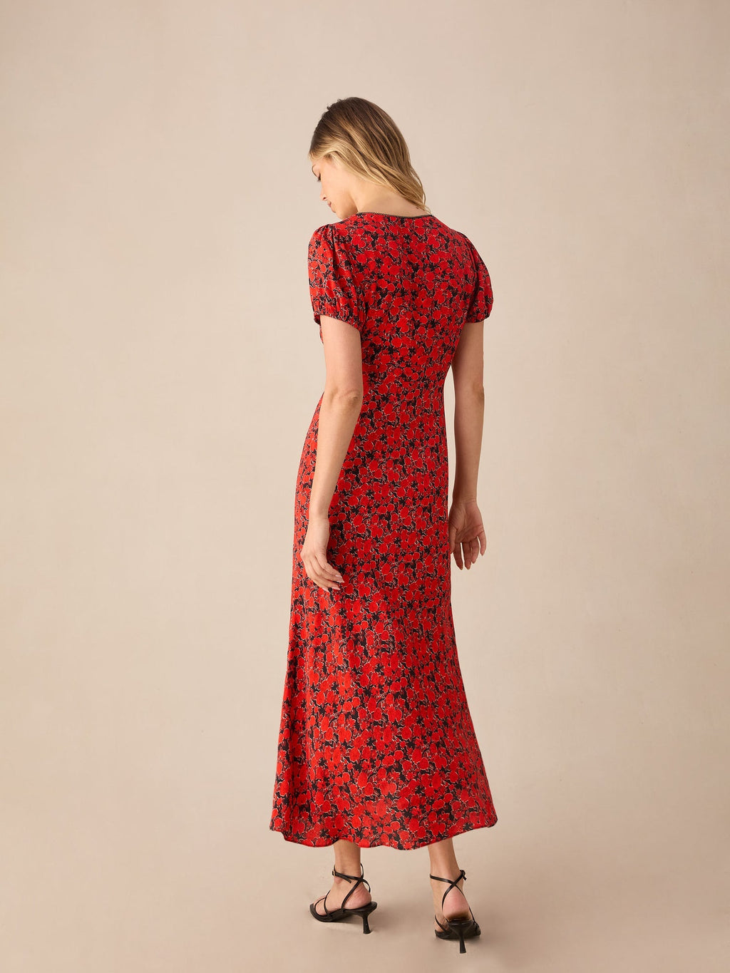 Red Blurred Floral Print Puff Sleeve Midi Dress — gallery