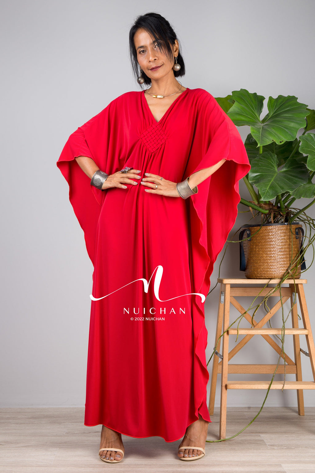 Red Kaftan Maxi Dress for Women — Butterfly Sleeves Braided Detail - gallery