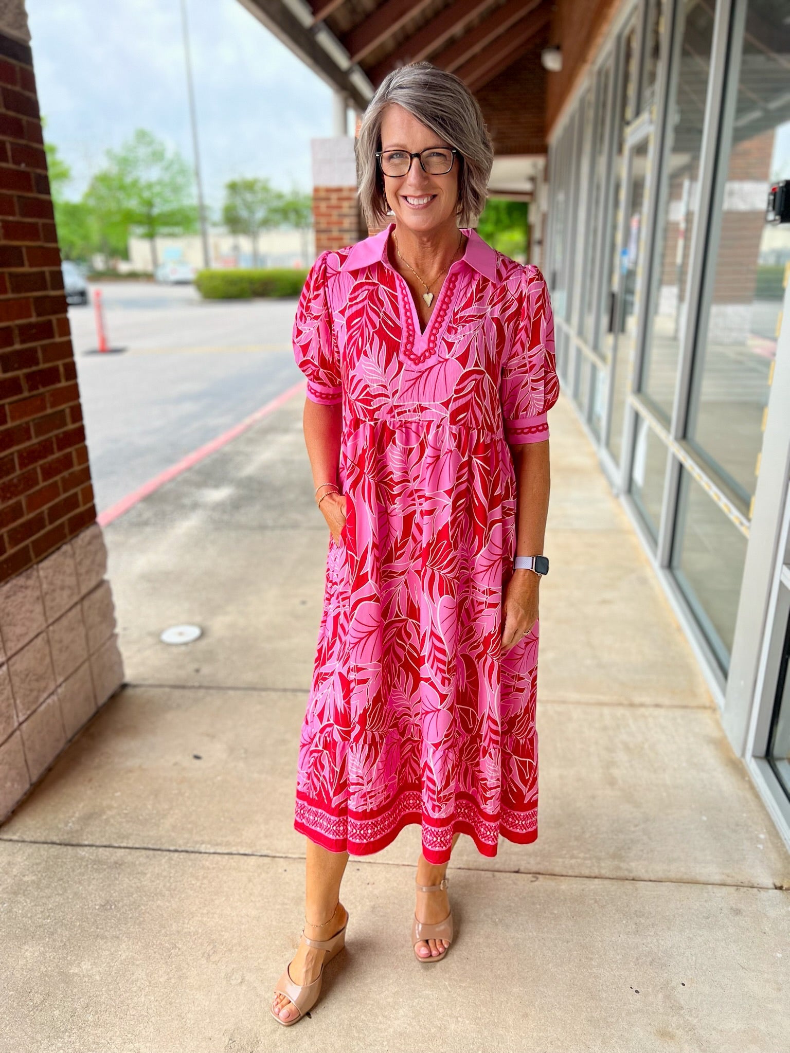 Red Leafy Print V-Neck Midi Dress for Women — Three-Quarter Sleeves - gallery