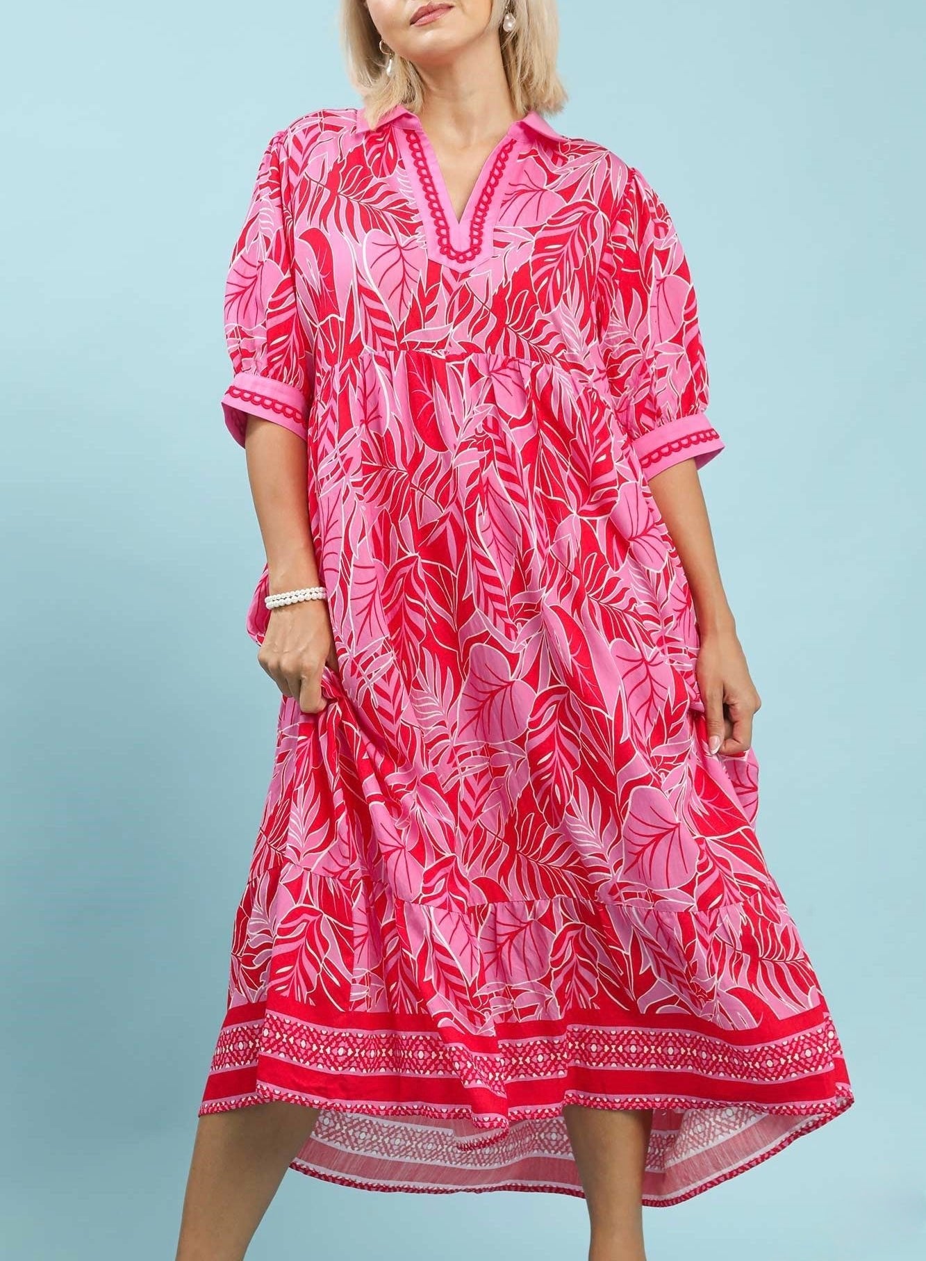 Red Leafy Print V-Neck Midi Dress for Women — Three-Quarter Sleeves - gallery