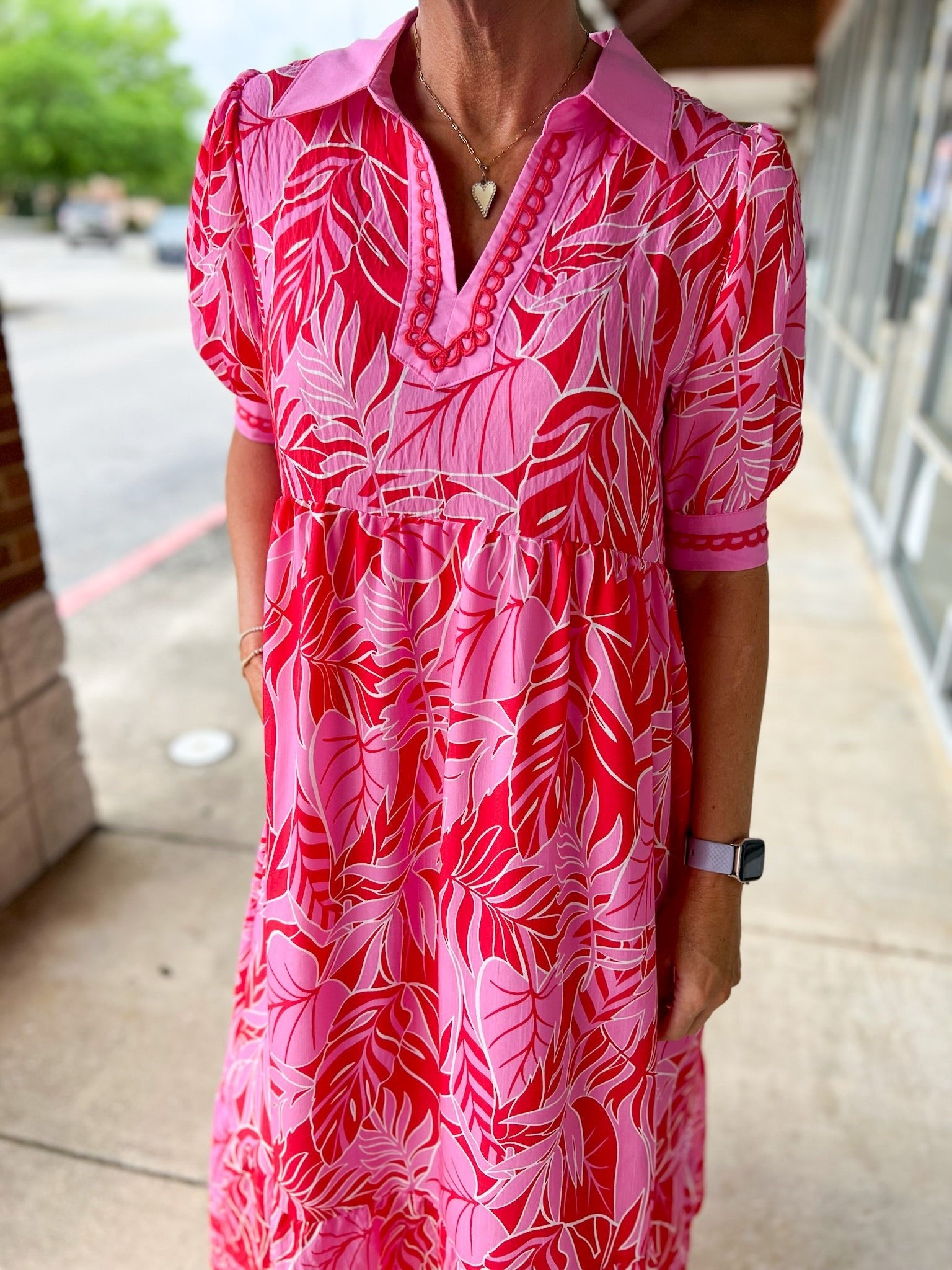 Red Leafy Print V-Neck Midi Dress for Women — Three-Quarter Sleeves - gallery