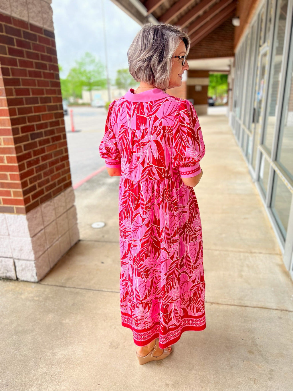 Red Leafy Print V-Neck Midi Dress for Women — Three-Quarter Sleeves - gallery