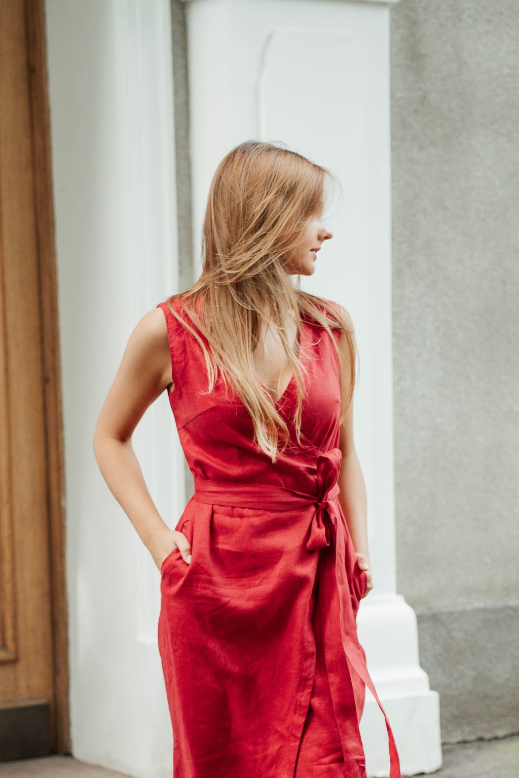 Garnet Linen Wrap Midi Dress for Women — Rich Warm Tones - gallery
