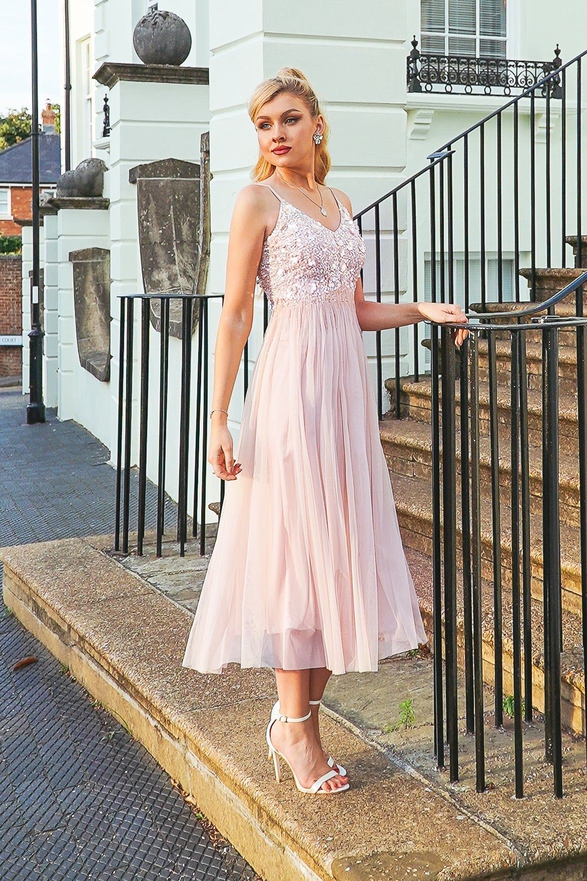 Riri Nude Pink Embellished Midi Dress — gallery