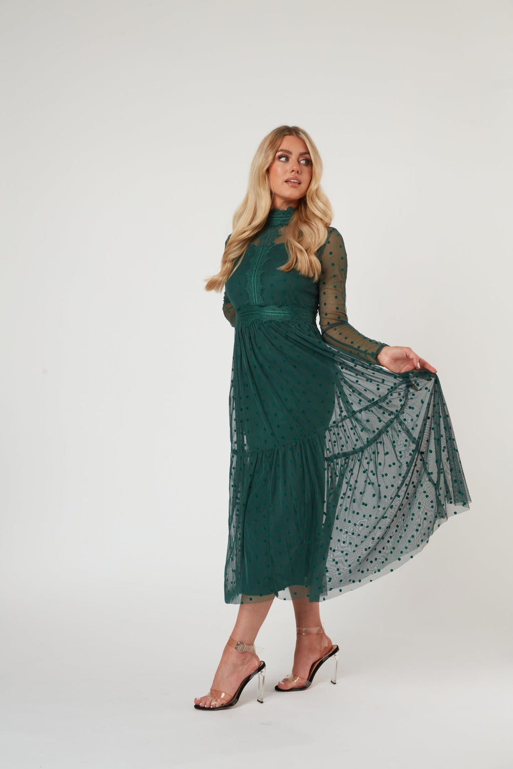 Roman Lola Polka Dot Tulle Midi Dress in Green — gallery