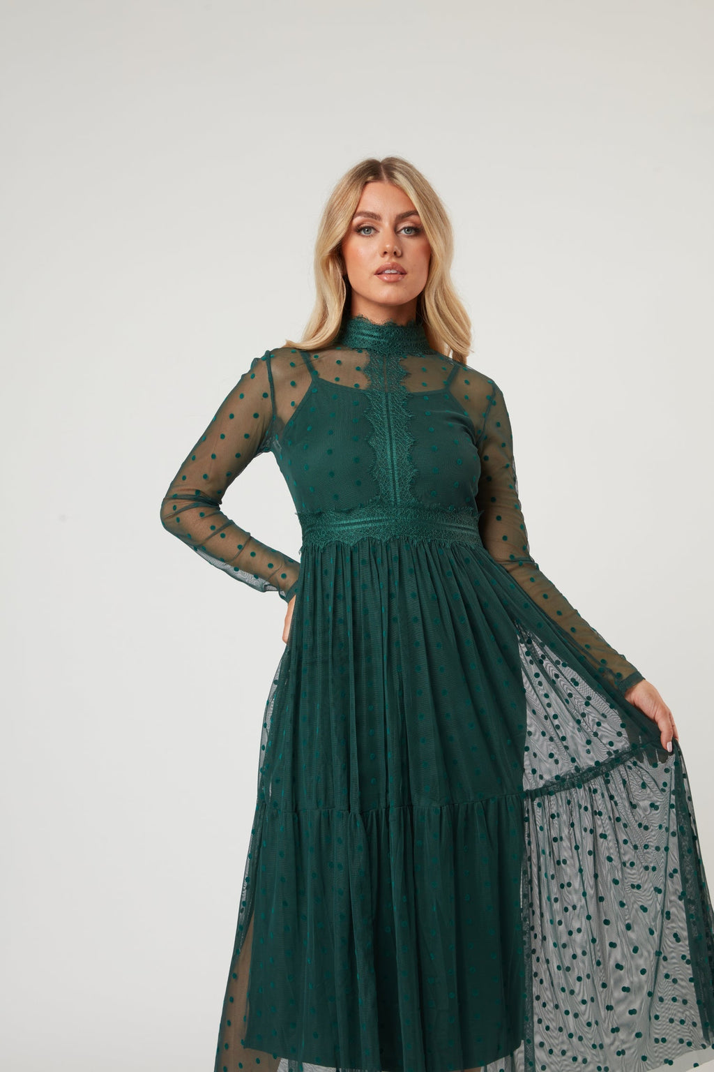 Roman Lola Polka Dot Tulle Midi Dress in Green — gallery