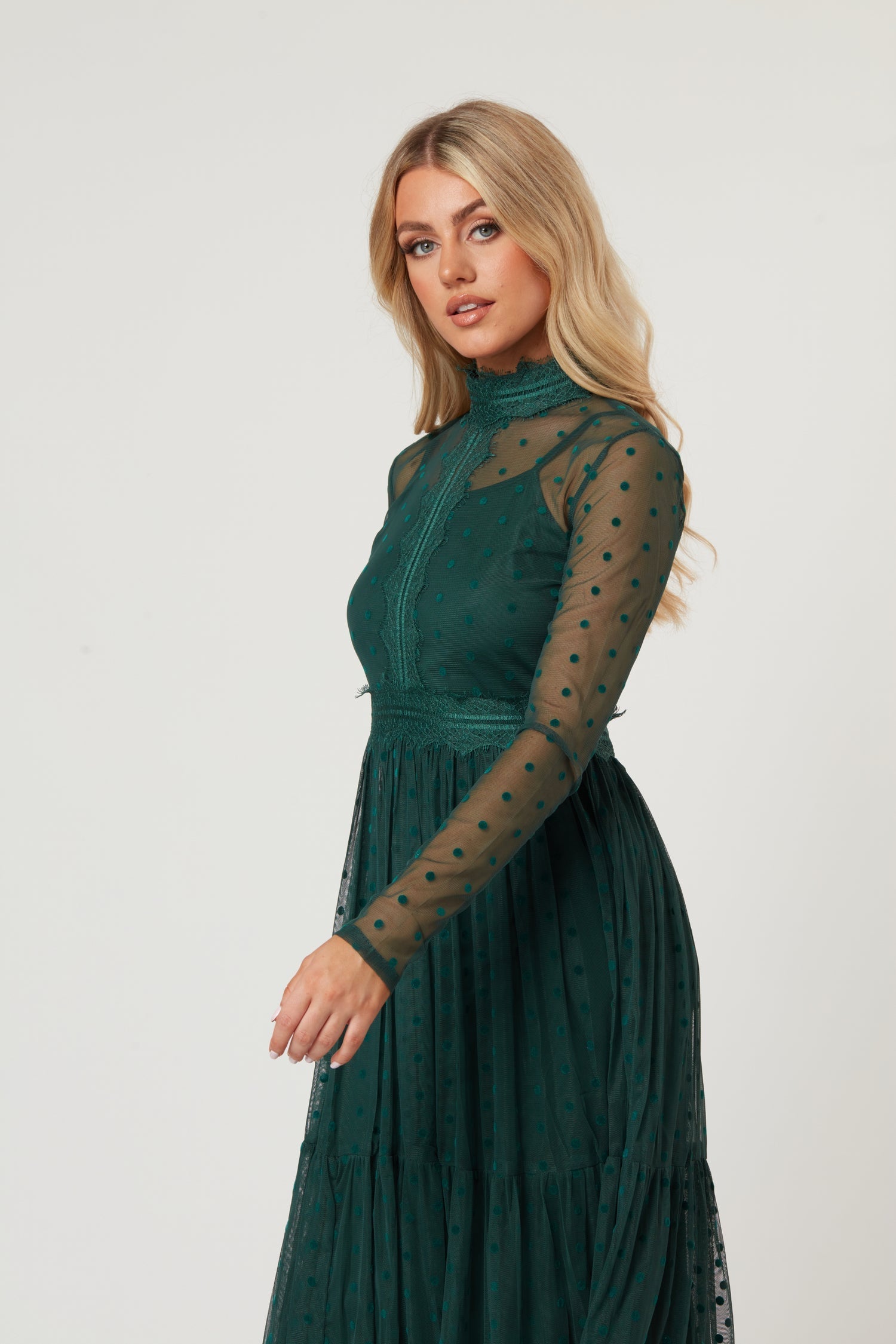 Roman Lola Polka Dot Tulle Midi Dress in Green — gallery