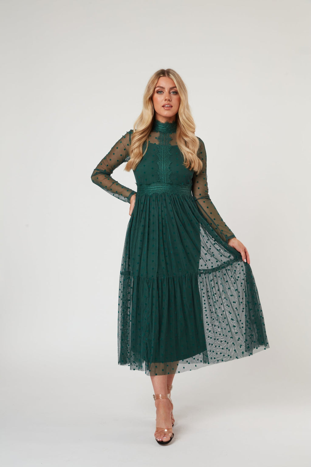 Roman Lola Polka Dot Tulle Midi Dress in Green — gallery