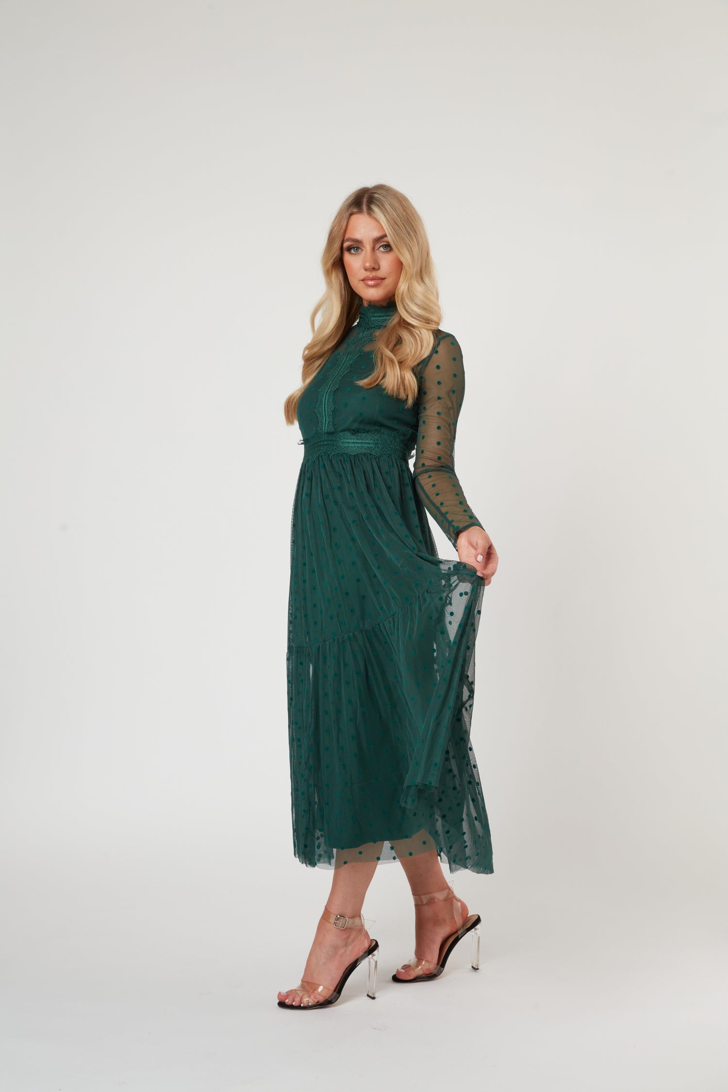 Roman Lola Polka Dot Tulle Midi Dress in Green — gallery