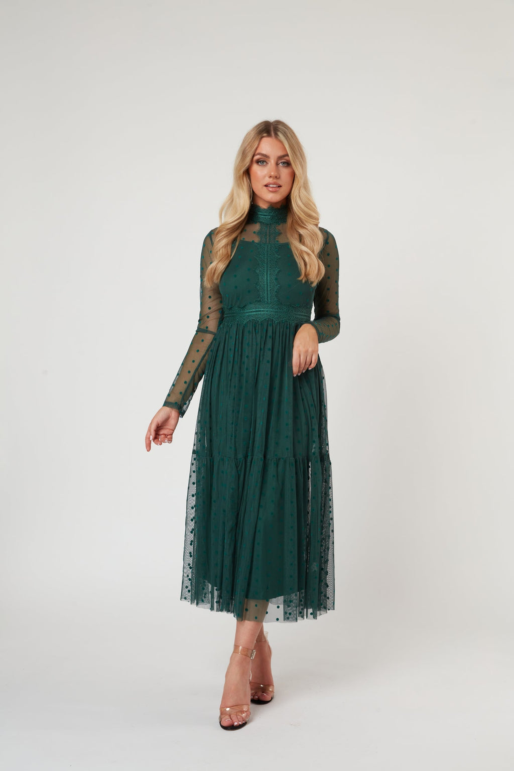 Roman Lola Polka Dot Tulle Midi Dress in Green — gallery