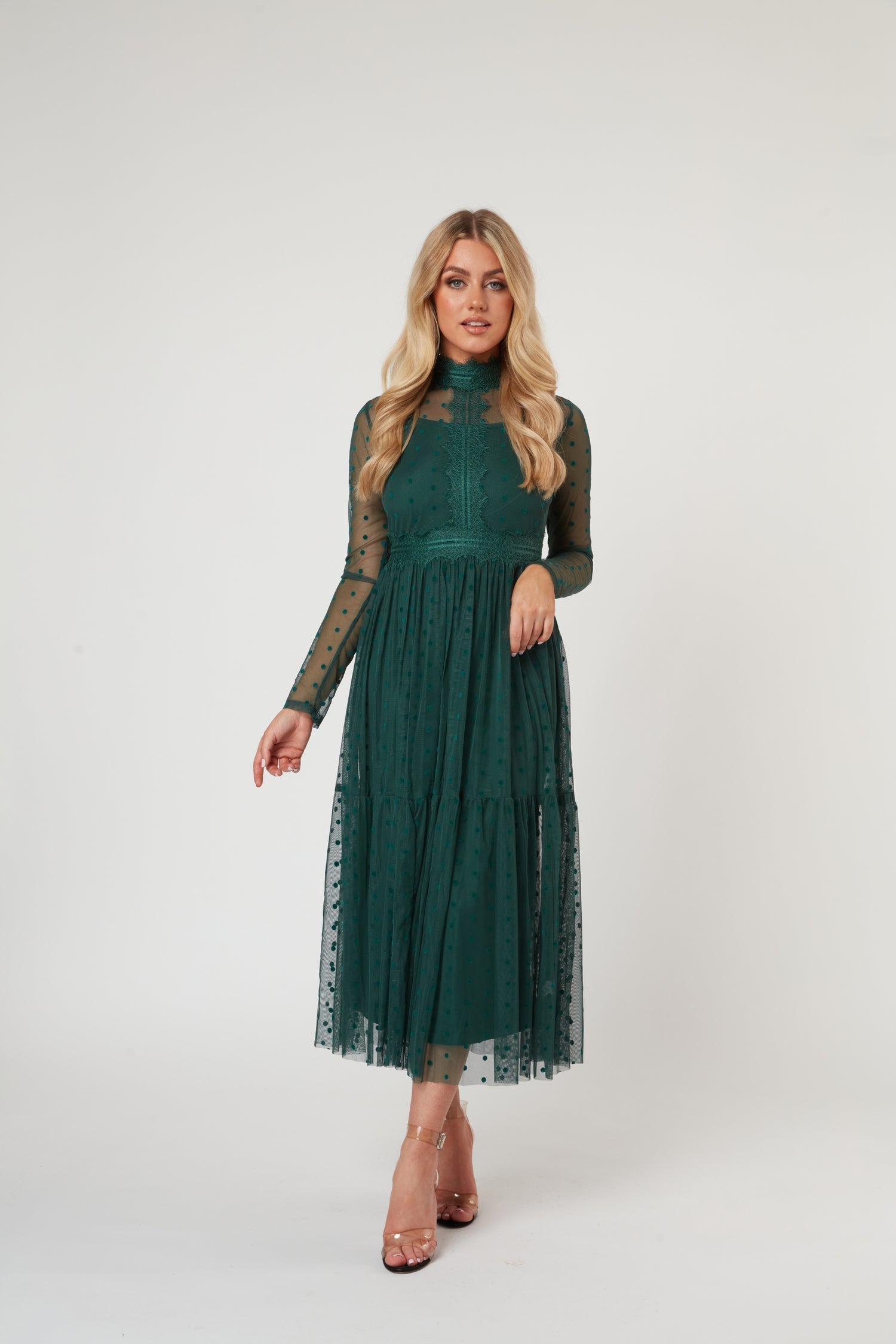Roman Lola Polka Dot Tulle Midi Dress in Green — gallery
