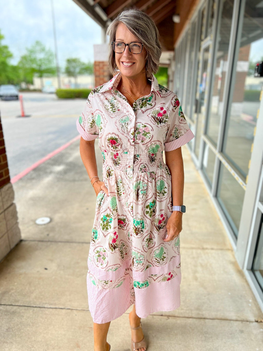 Rose Pink Shirt Midi Dress for Women — Smocked Waist and Pockets - gallery