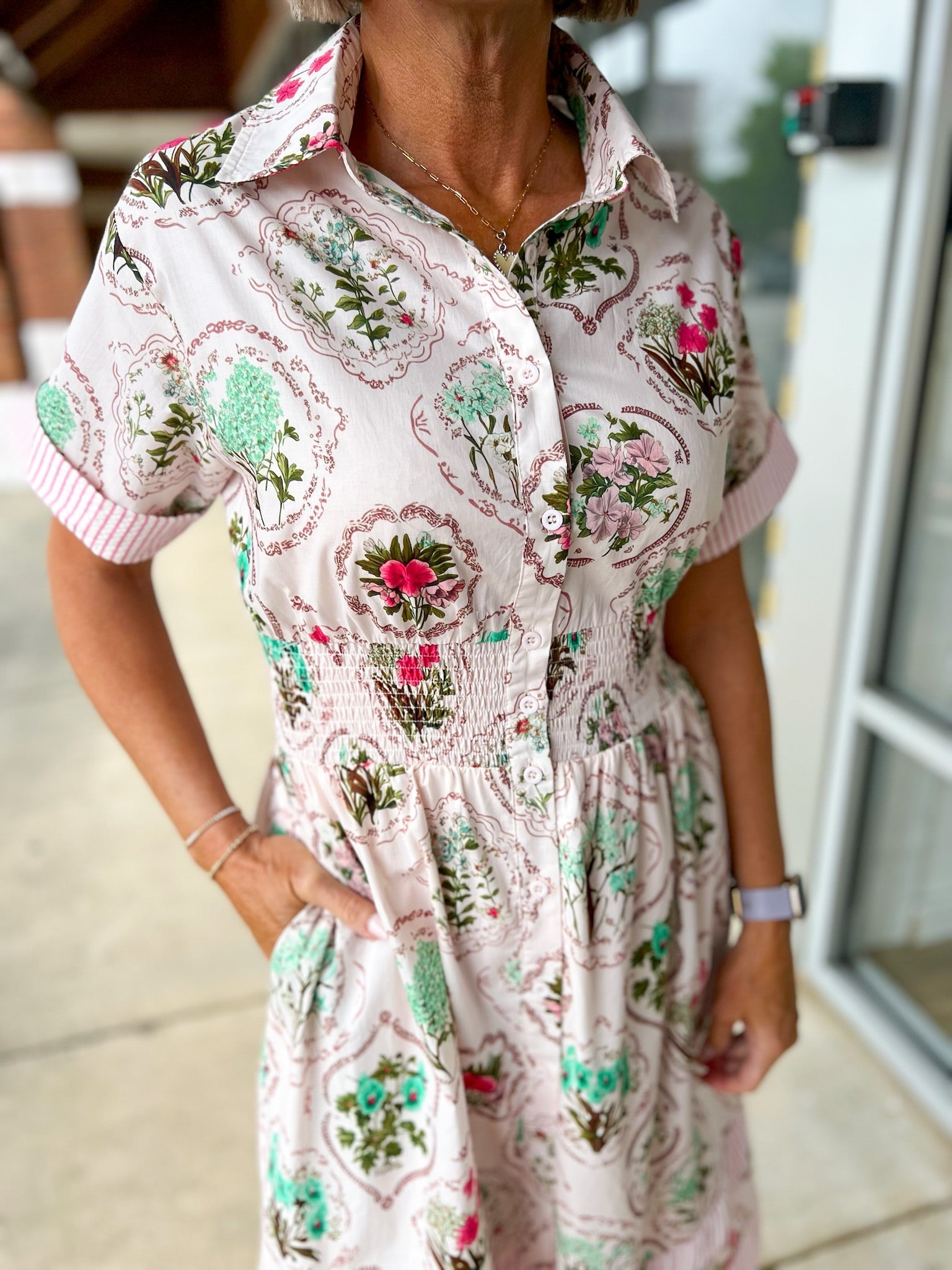 Rose Pink Shirt Midi Dress for Women — Smocked Waist and Pockets - gallery