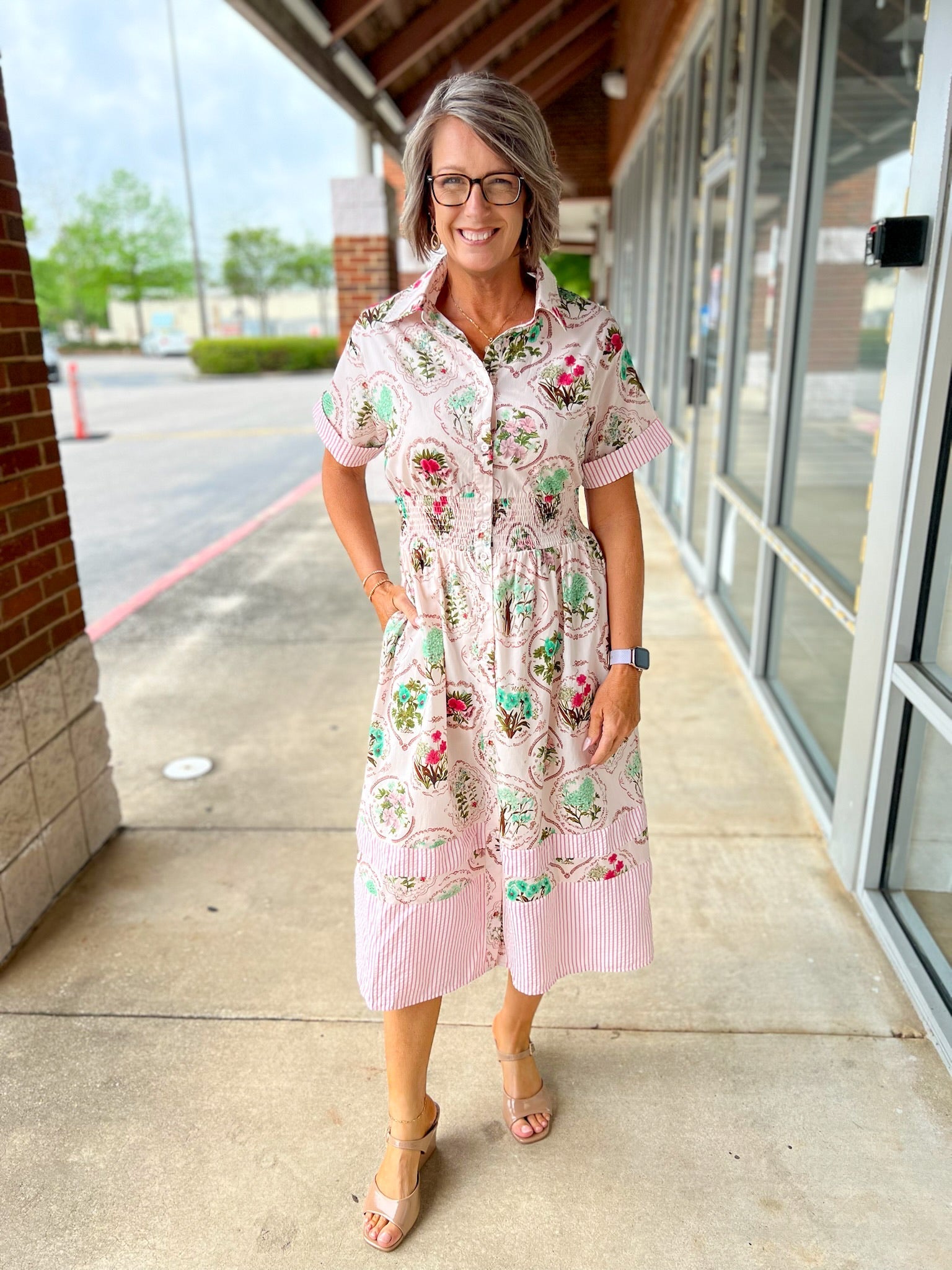 Rose Pink Shirt Midi Dress for Women — Smocked Waist and Pockets