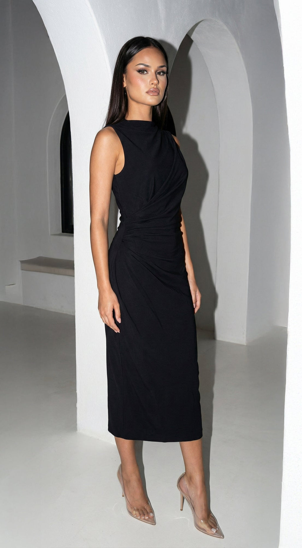 Stockholm Draped Black Midi Dress - Black — gallery