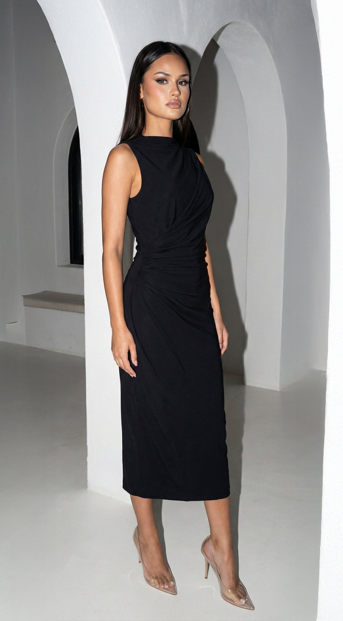 Stockholm Draped Black Midi Dress - Black — gallery