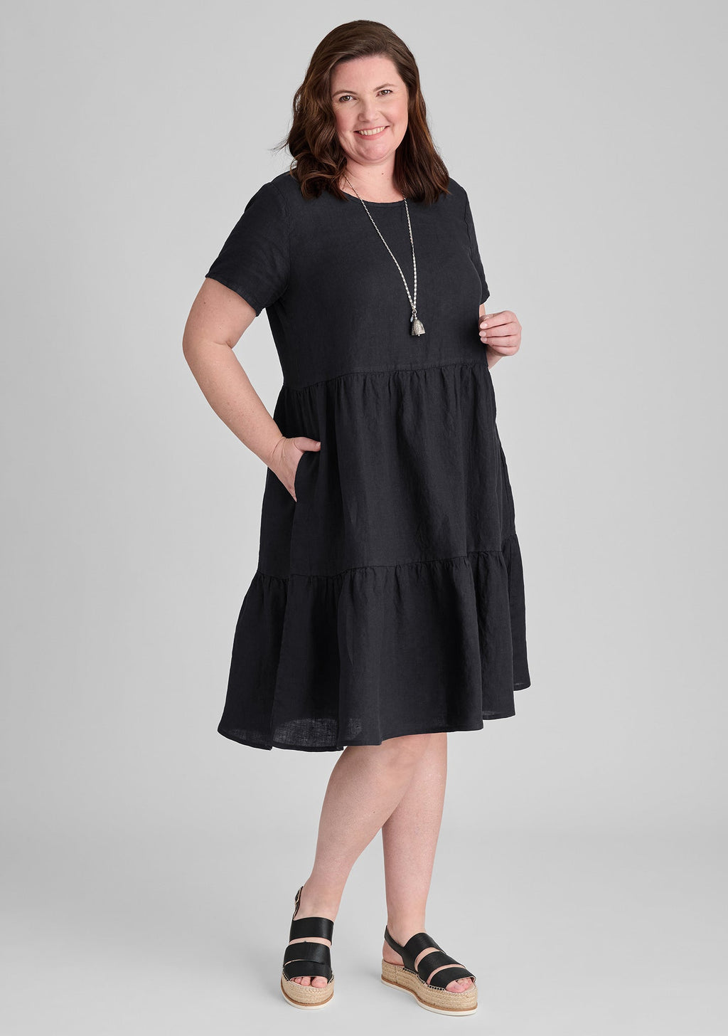 Ruthie Two-Tier Short Sleeve Linen Dress for Women - Black
