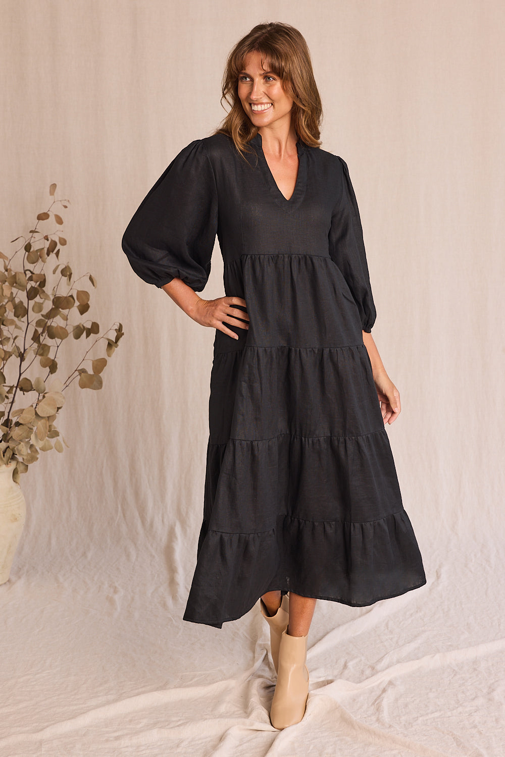 Sabre Linen V-Neck Dress in Black — gallery