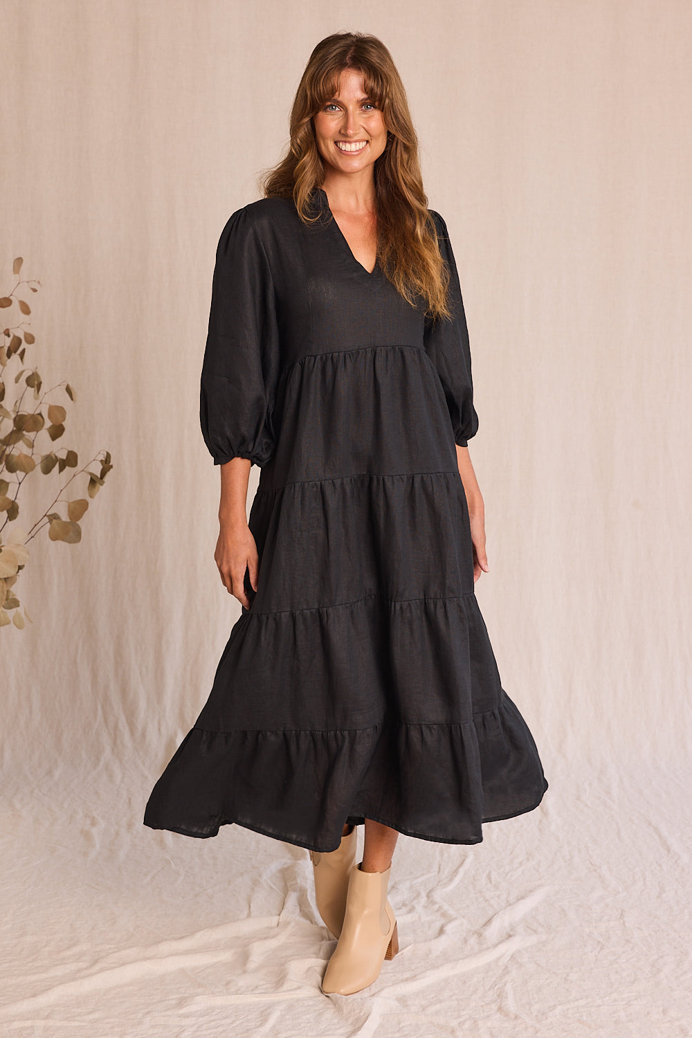 Sabre Linen V-Neck Dress in Black — gallery
