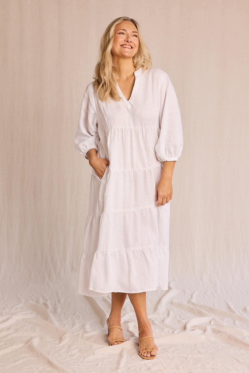 Sabre Linen V-Neck Dress in White — gallery