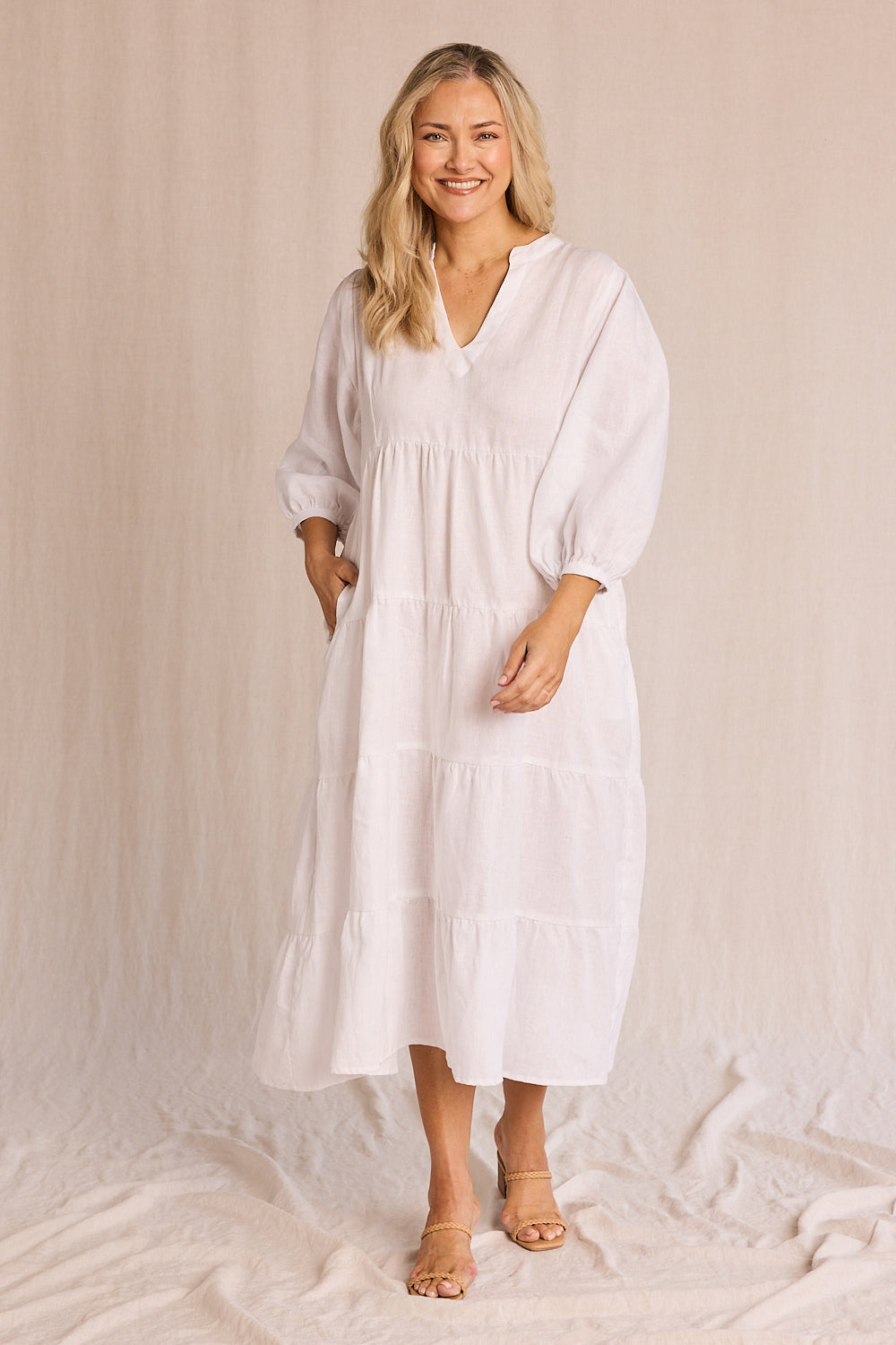 Sabre Linen V-Neck Dress in White — gallery