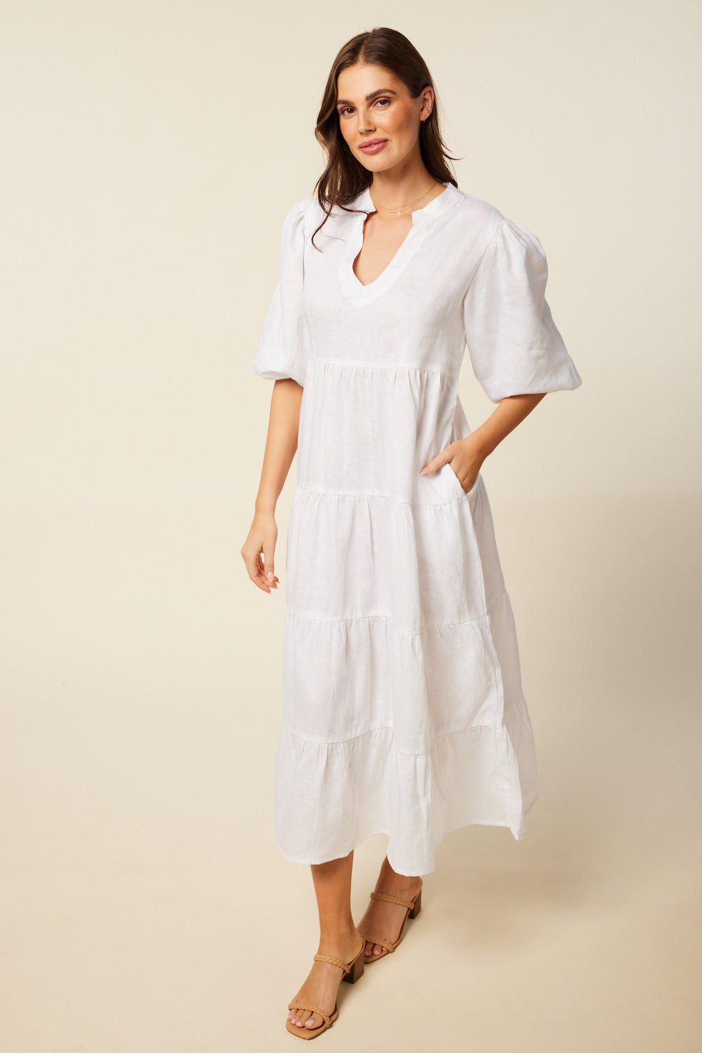 Sabre Linen V-Neck Dress in White — gallery
