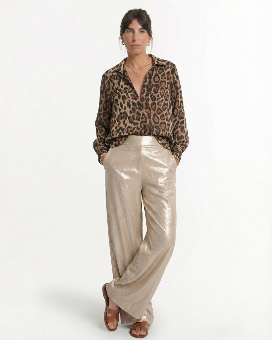 Pleated V-Neck Long Sleeve Linen Organza Shirt for Women