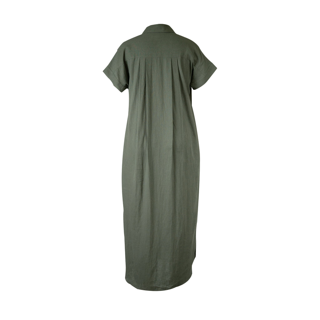 Army Green Linen-Cotton Maxi Shirt Dress for Women - gallery