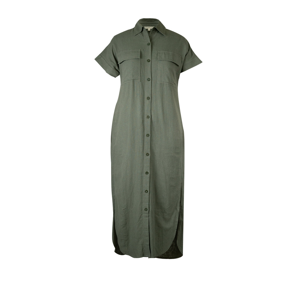 Army Green Linen-Cotton Maxi Shirt Dress for Women