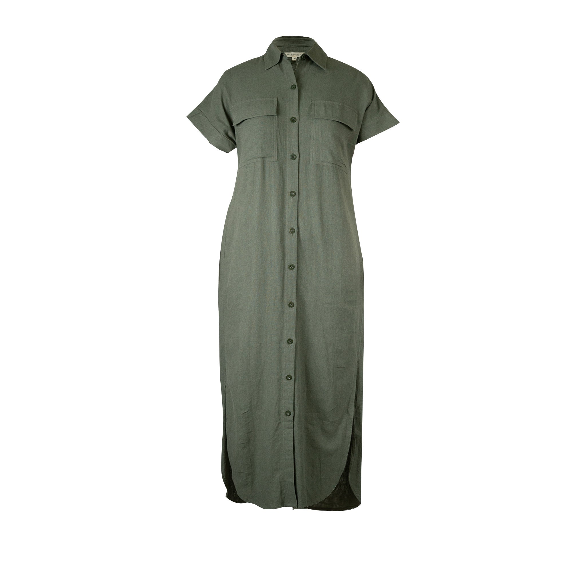 Army Green Linen-Cotton Maxi Shirt Dress for Women