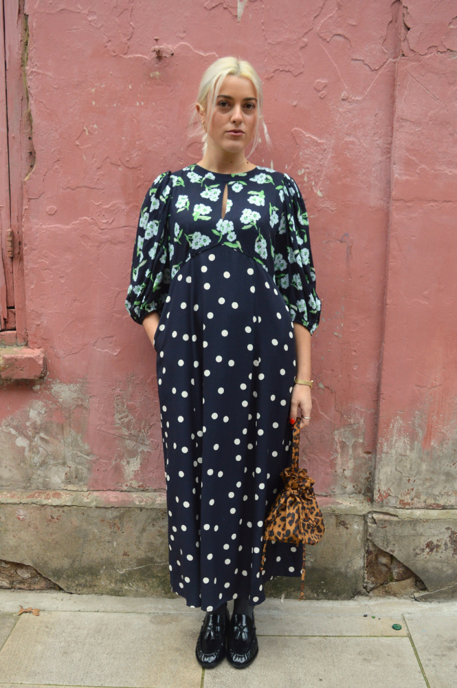 Dahlia Navy Polka & Powder Blue Floral Dress - gallery
