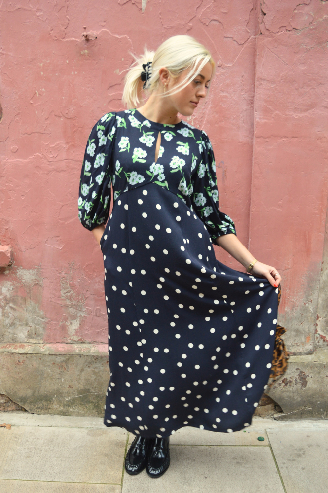 Dahlia Navy Polka & Powder Blue Floral Dress