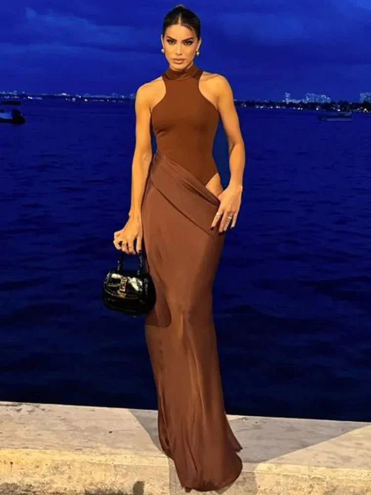 Satin Sexy Hollow Out Maxi Dress for Women - gallery