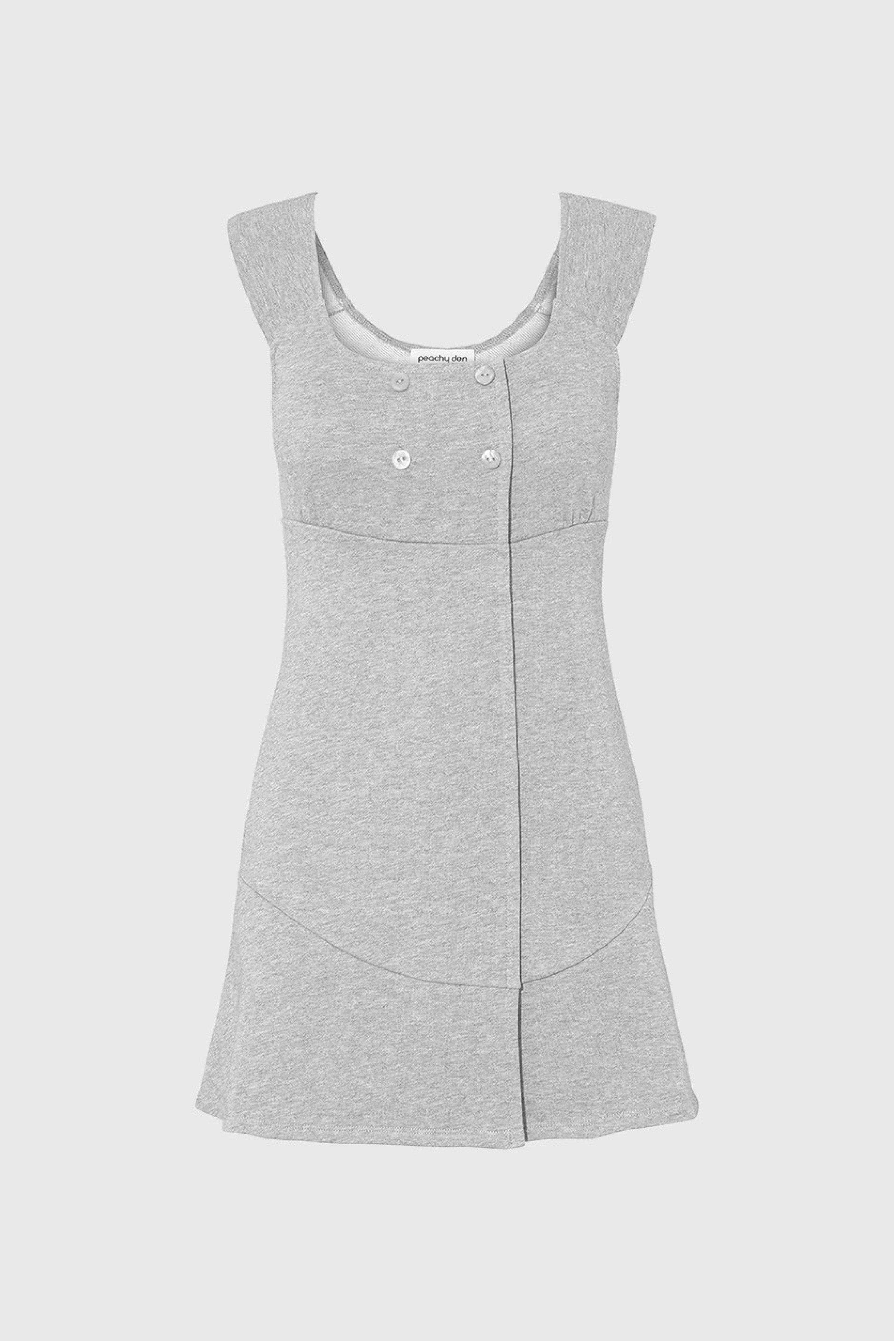 Grey Marl Cotton Mini Dress for Women — Square Neck Double-Breasted - gallery