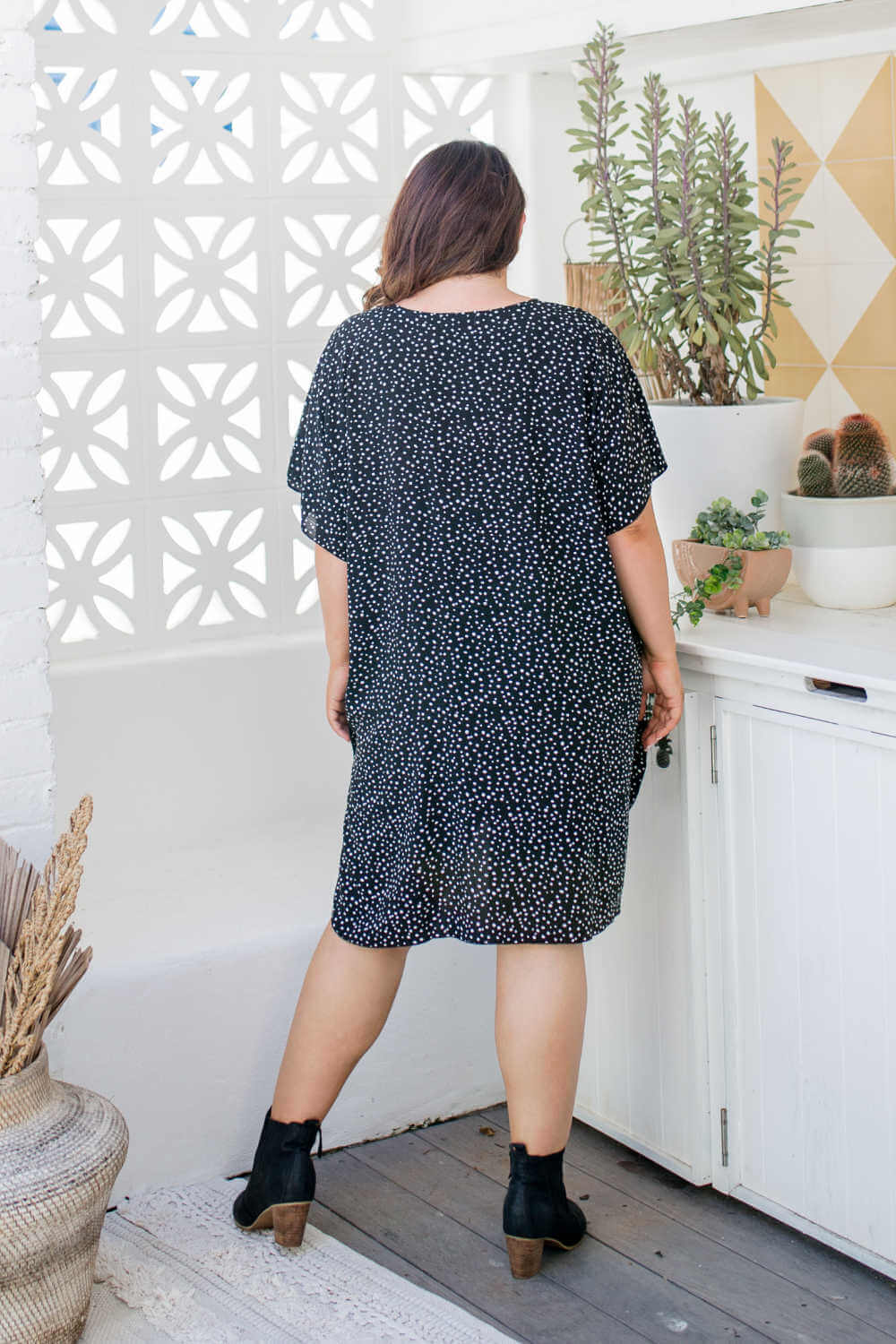 Short Kaftan Dress - Messy Polka Black — gallery